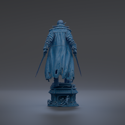 A dark blue statue of a person with a cape and holding a sword stands on a pedestal against a dark background.