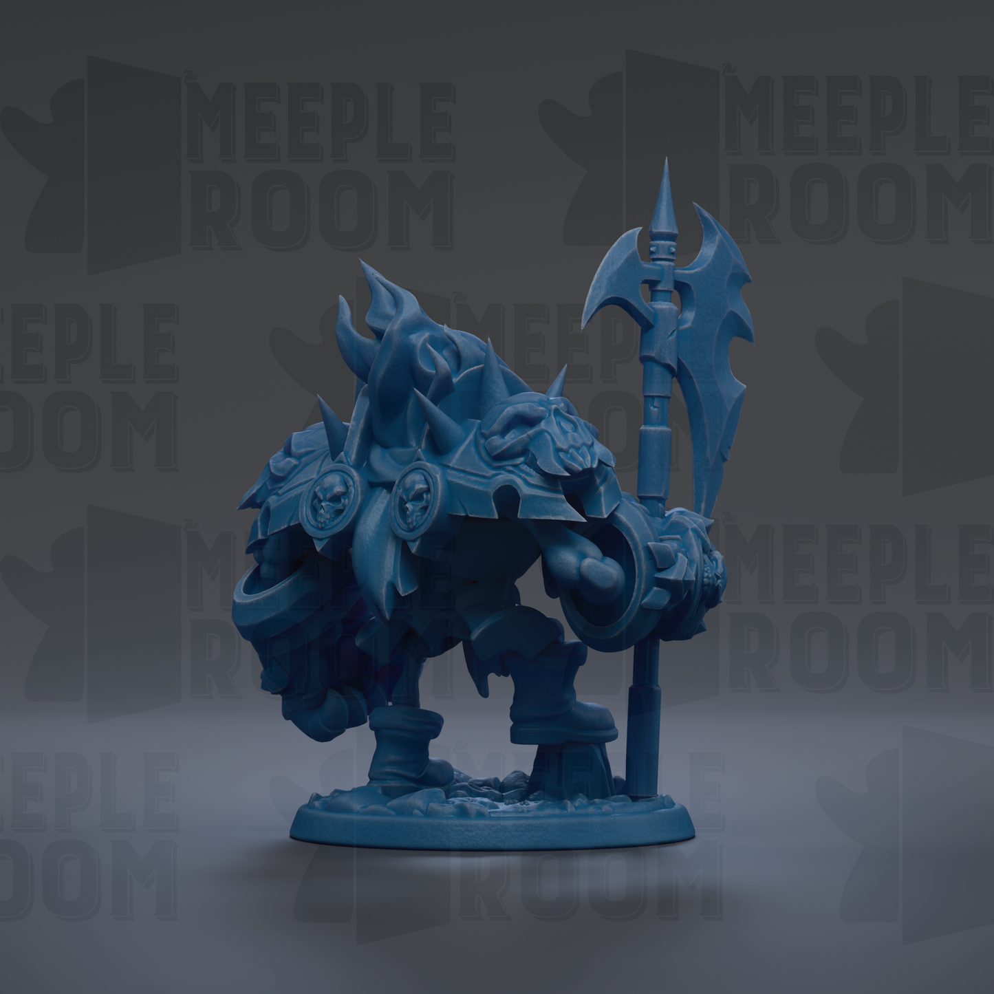 A blue, 3D-rendered fantasy character with a large, ornate weapon and a detailed design, set against a dark background with repeated text.
