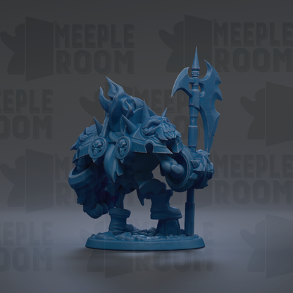A blue, 3D-rendered fantasy character with a large, ornate weapon and a detailed design, set against a dark background with repeated text.