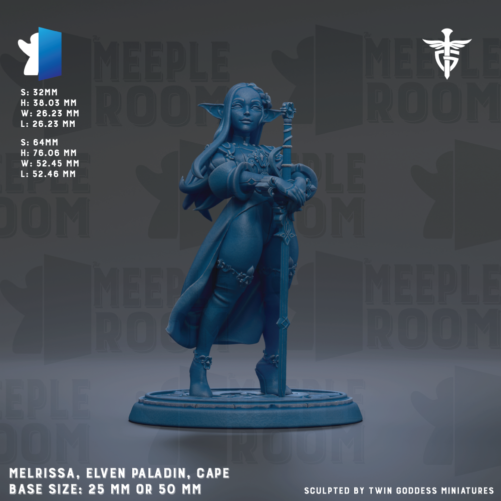 a figurine of a female character, specifically a female elf or princess, standing in a pose with a sword in her hand. The figurine is described as having a base size of 25mm or 50mm.