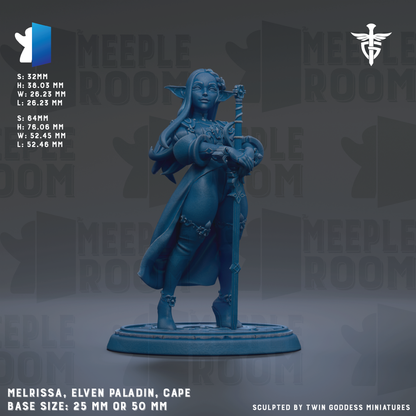 a figurine of a female character, specifically a female elf or princess, standing in a pose with a sword in her hand. The figurine is described as having a base size of 25mm or 50mm.
