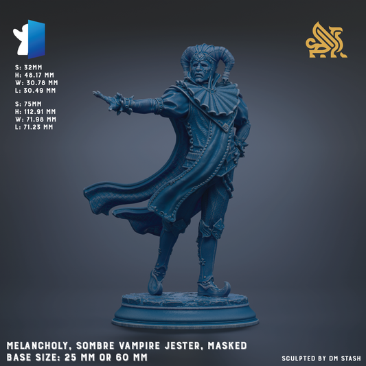 a statue of a Vampire Jester, a masked character, with a detailed and intricate design. The statue is made of a dark blue material and is shown in a dynamic pose, with one arm extended and the other hand raised. The base size of the statue is either 25mm or 60mm, depending on the perspective. The statue is sculpted by an unseen artist, and the image is a collage of multiple images, which means that each image is described without redundancy or vague wording.