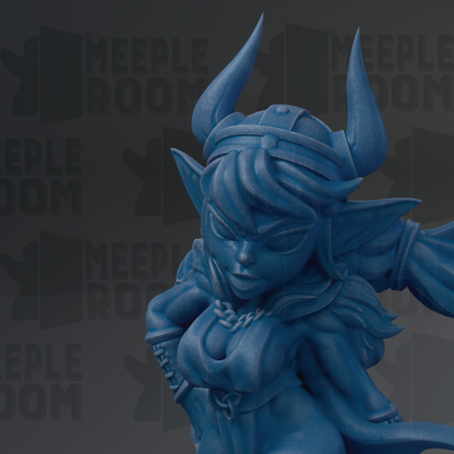 A close-up of a blue, fantastical female character with horns and a flowing robe, set against a dark background with repeated text.