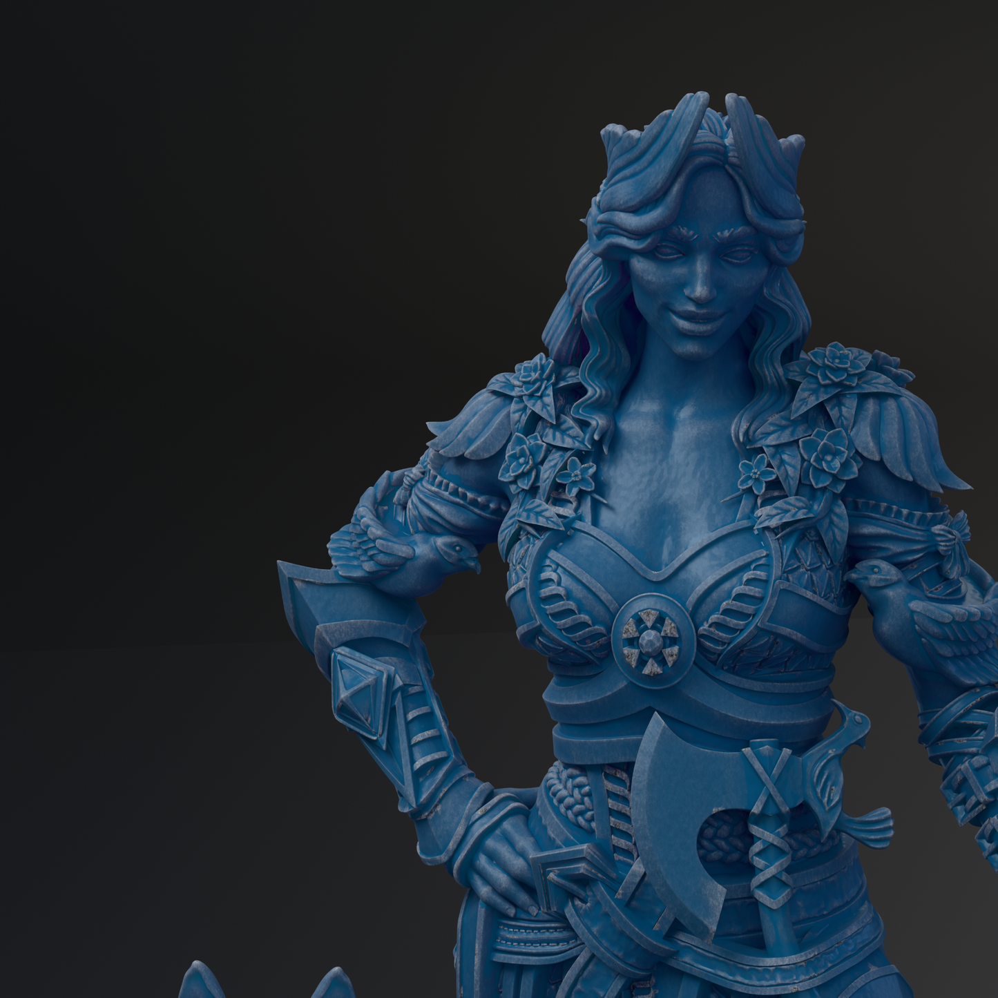 A blue statue of a woman with intricate armor and weapons, standing in a dark background.
