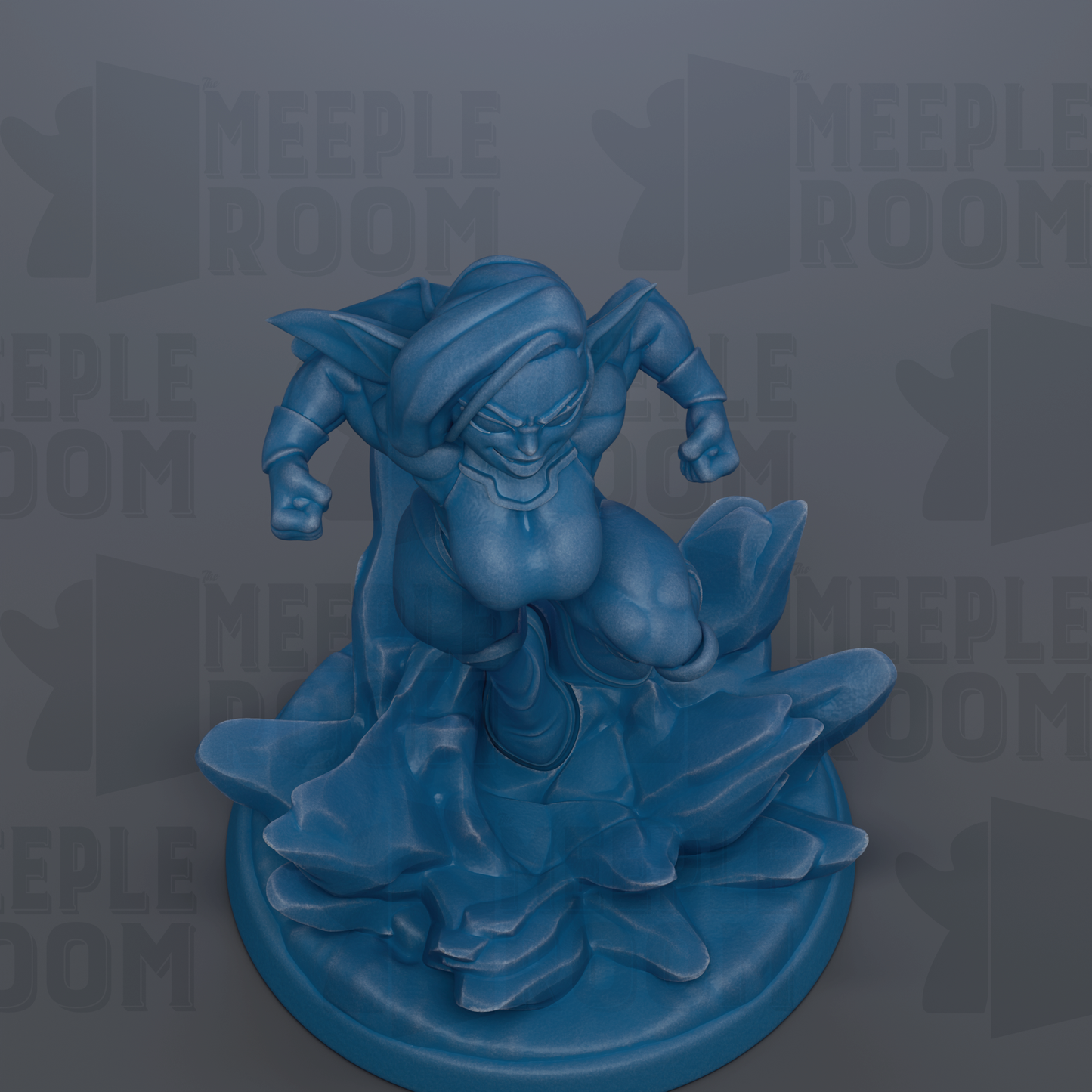 A blue figurine of a superhero character is depicted in a dynamic pose, with a determined expression on their face.