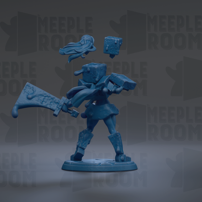 A 3D model of a blue, humanoid character with a sword and shield, standing on a base.