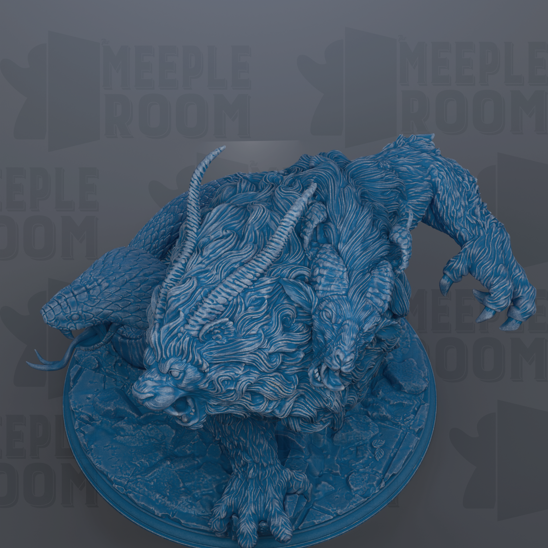 A detailed 3D rendering of a fierce-looking creature with sharp teeth and claws, resembling a mythical or fantastical animal. The creature is depicted in a dynamic pose, with its mouth open and claws extended, giving it a powerful and intimidating appearance.