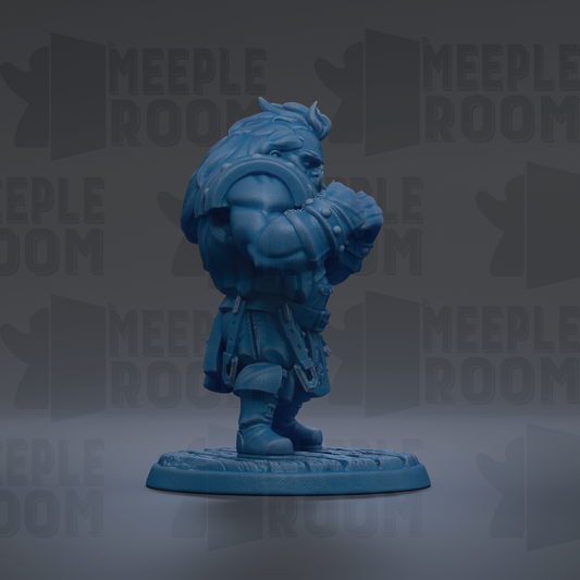 A blue figurine of a muscular, armored character stands on a base against a dark background with repeated text.