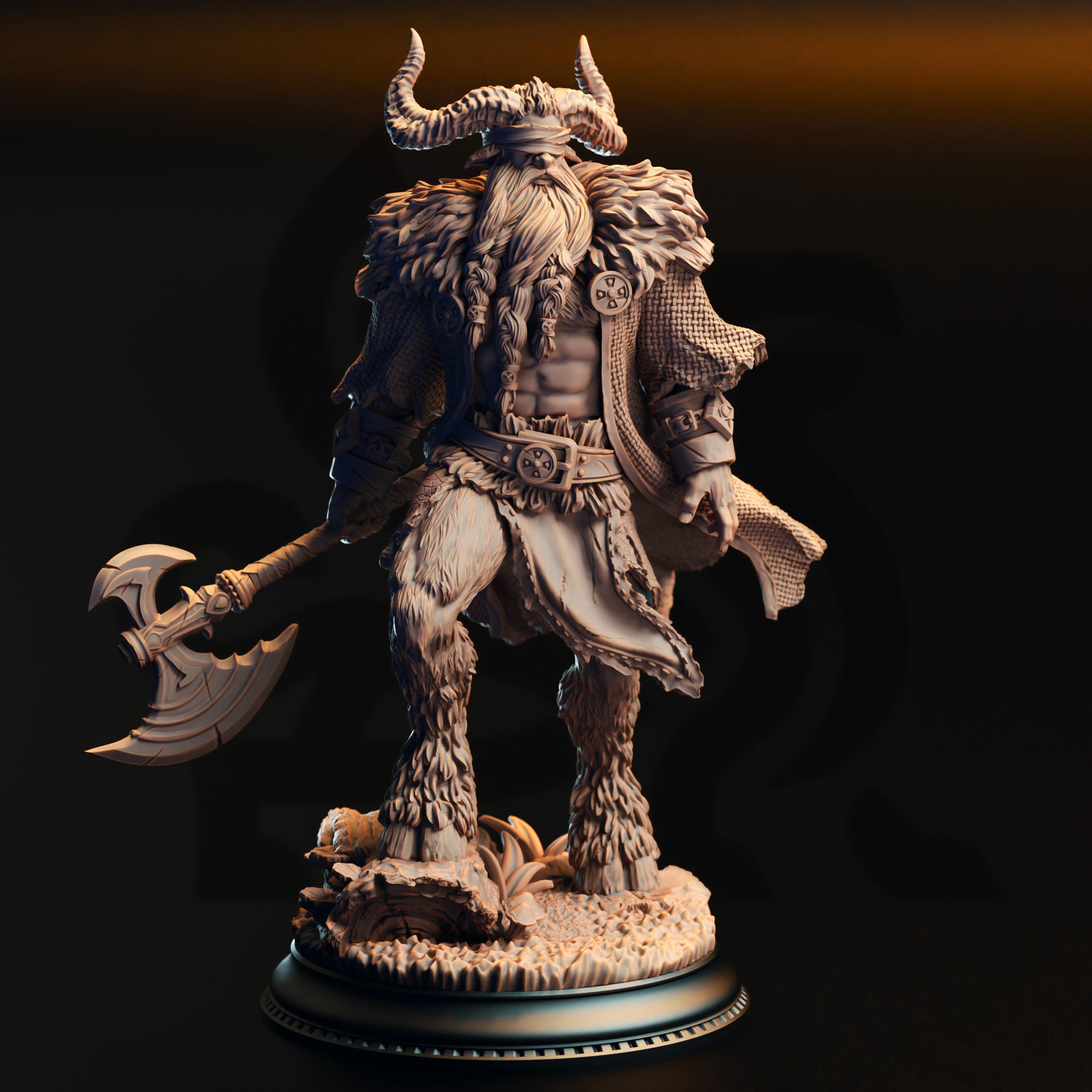 A detailed 3D model of a fantasy character, possibly a Viking or warrior, standing on a base and holding a large weapon.