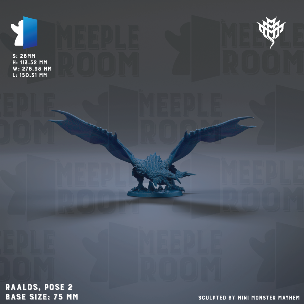 a blue dragon figurine with wings spread, set against a dark background with repeated text.