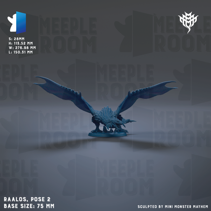 a blue dragon figurine with wings spread, set against a dark background with repeated text.