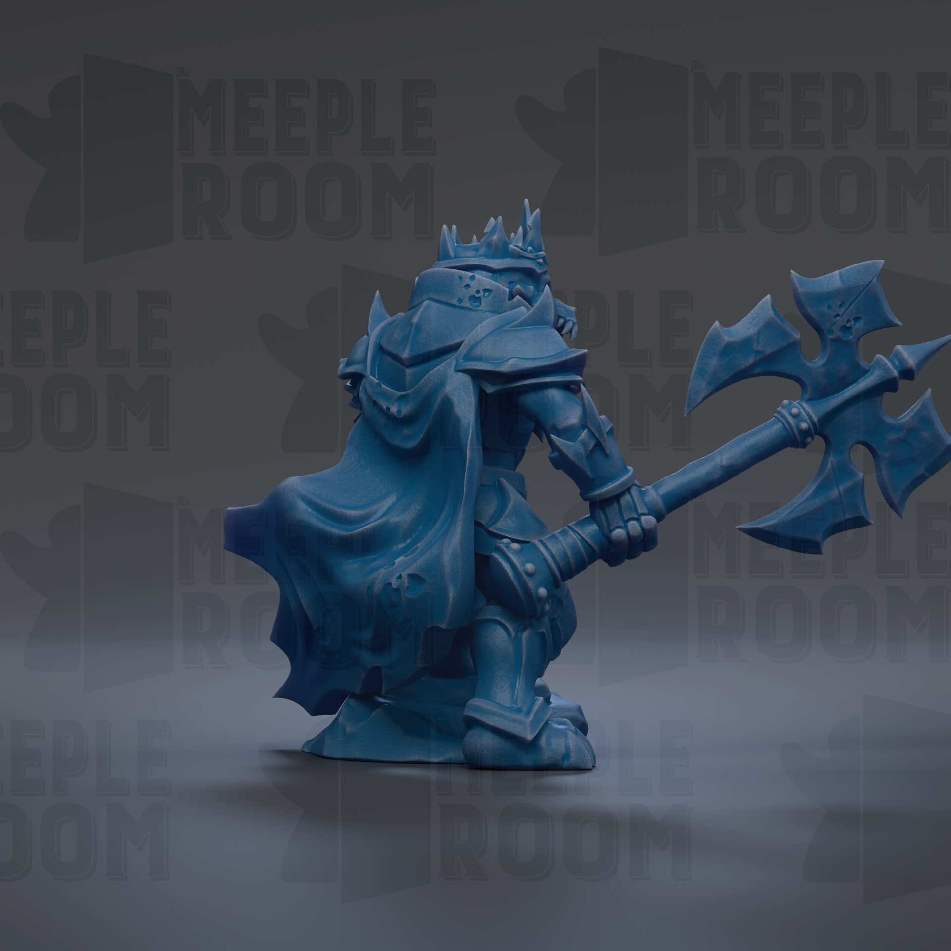 A blue armored knight figure holding a large weapon, standing against a dark background with repeated text.