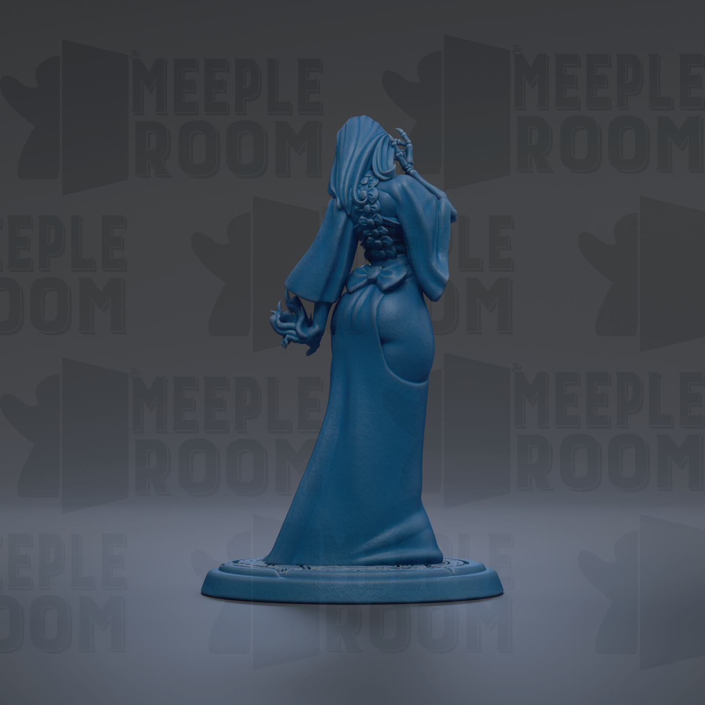 A blue figurine of a woman with a long dress and a headdress, standing on a base and facing away from the camera.