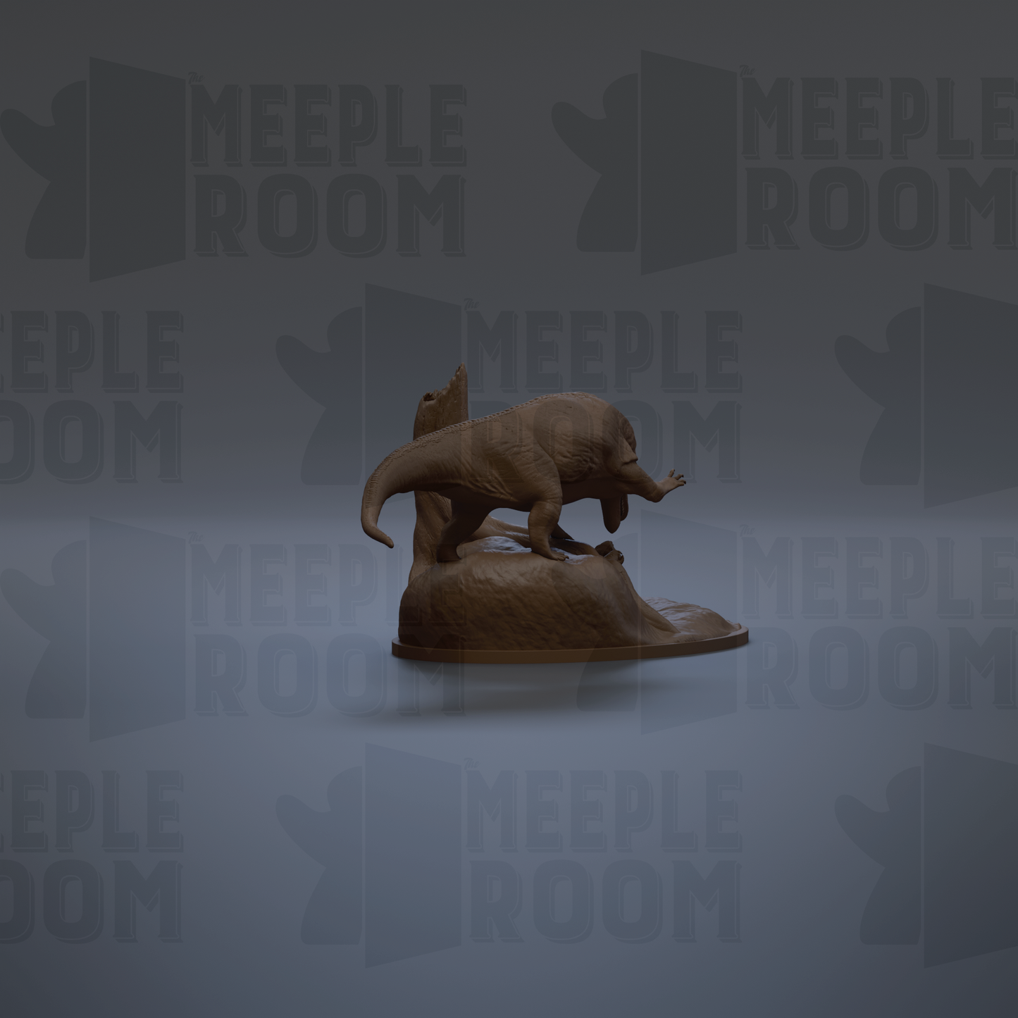 a brown statue of a dinosaur, specifically a T-Rex, standing on a rock.
