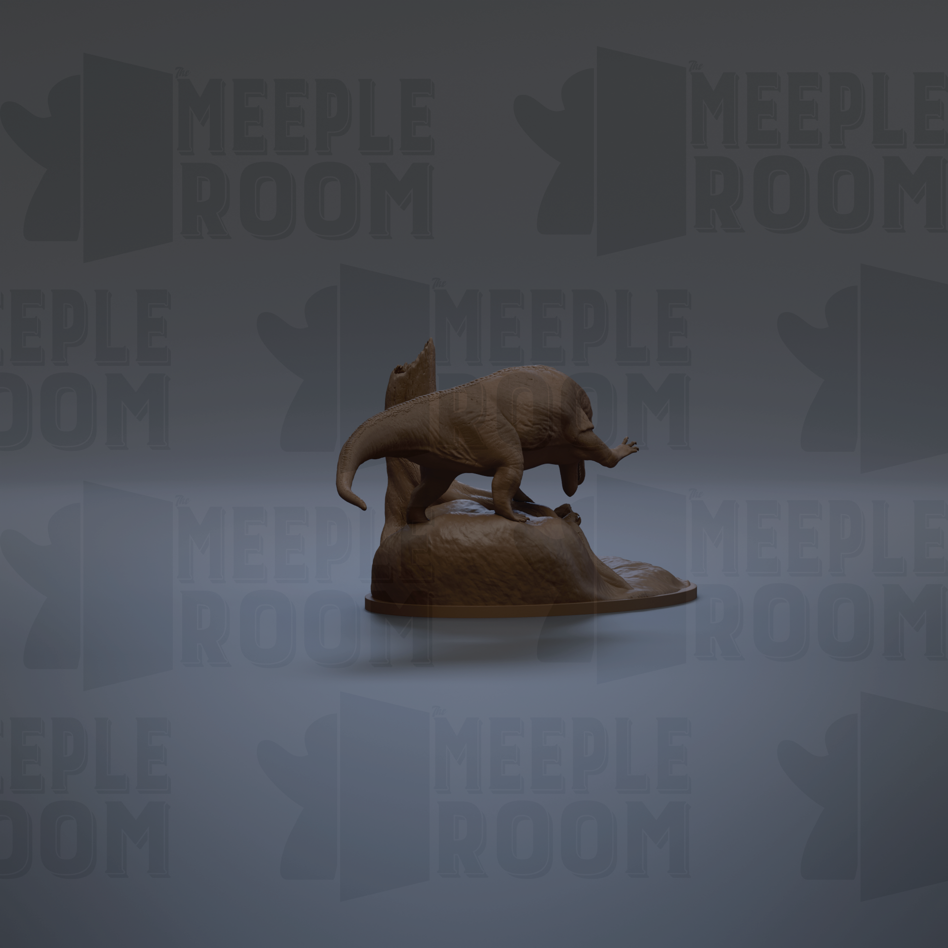 a brown statue of a dinosaur, specifically a T-Rex, standing on a rock.