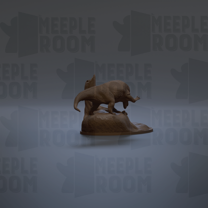 a brown statue of a dinosaur, specifically a T-Rex, standing on a rock.