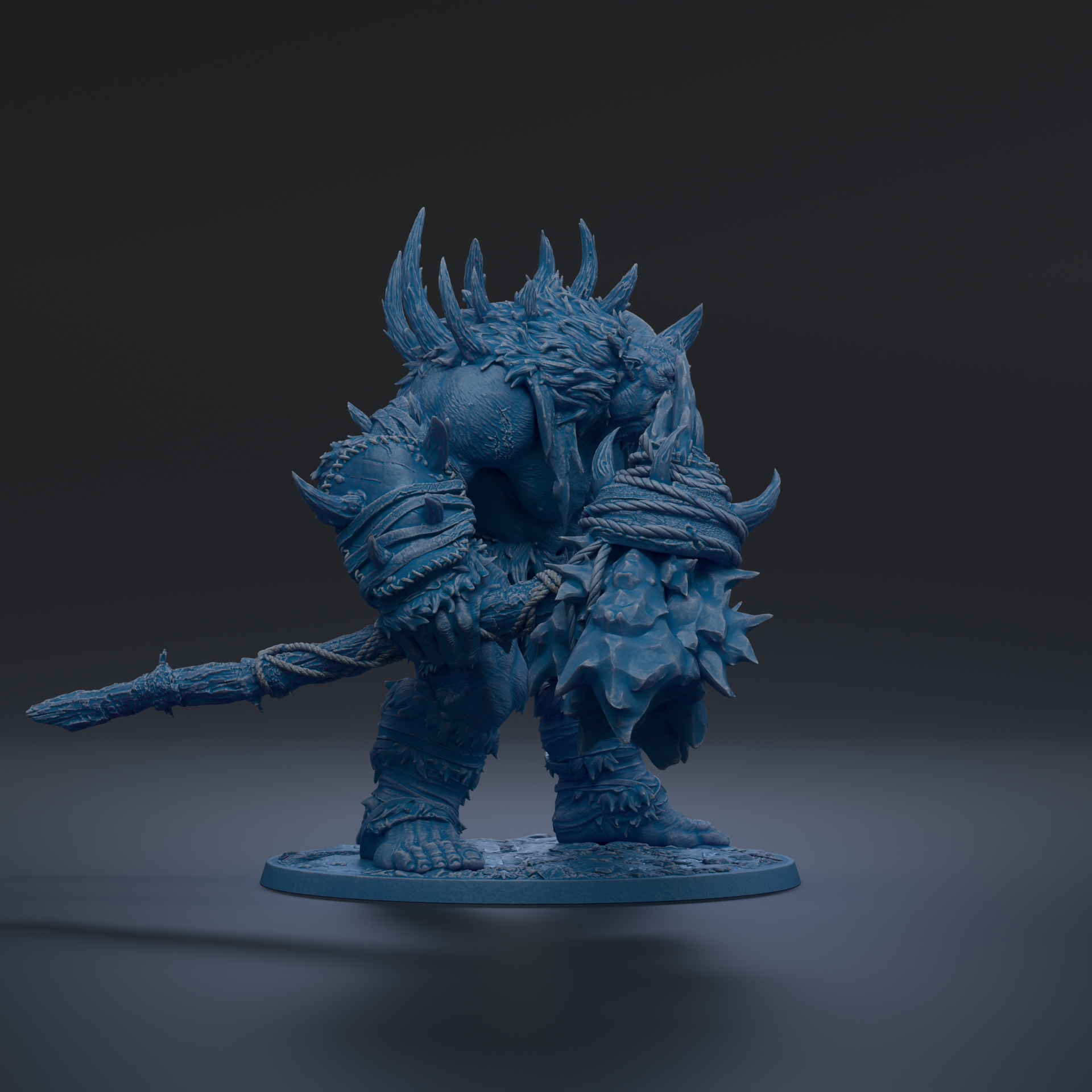 A blue, armored fantasy creature with sharp teeth and claws, standing on a platform and holding a weapon.