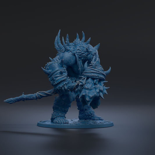 A blue, armored fantasy creature with sharp teeth and claws, standing on a platform and holding a weapon.