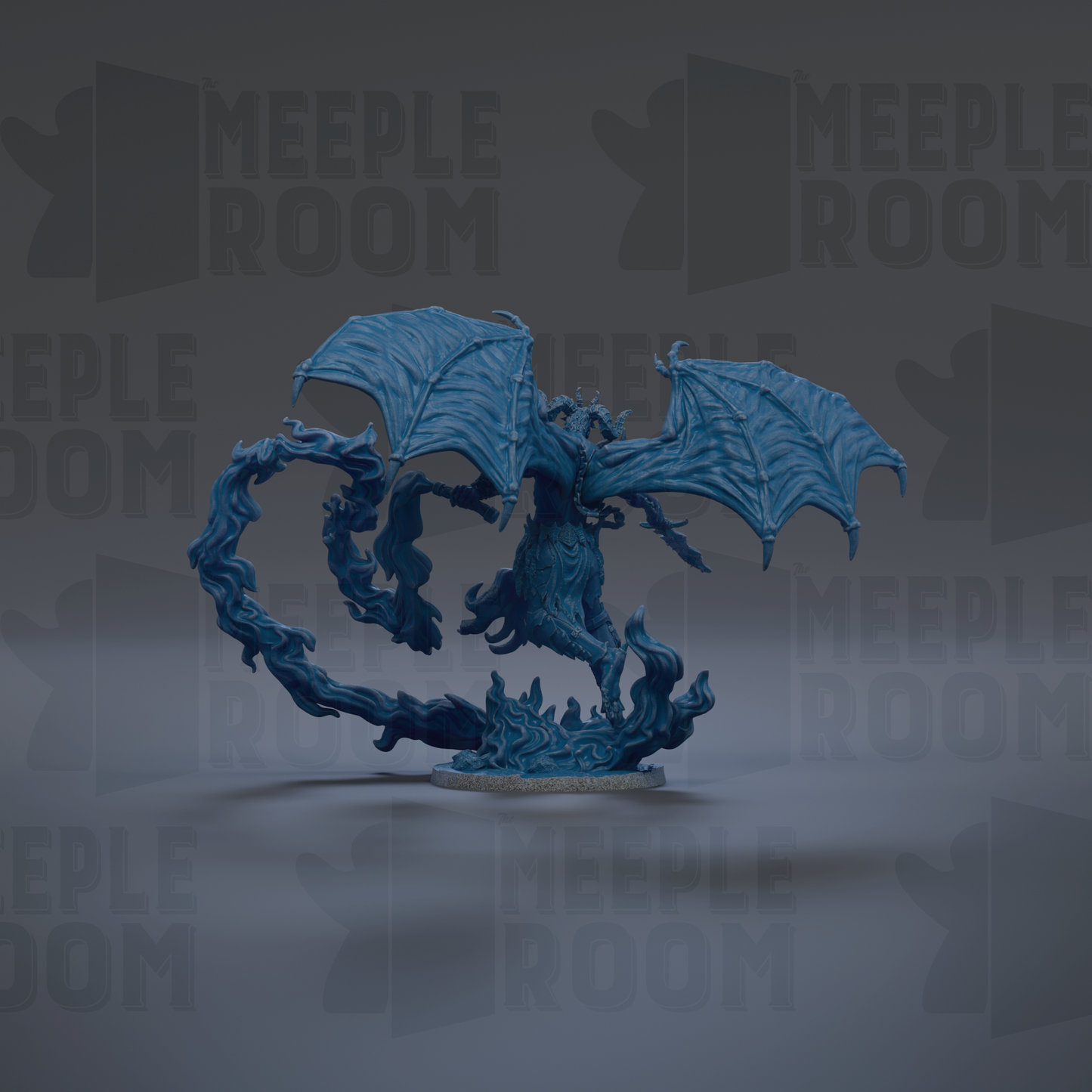 A blue dragon figurine with wings spread, standing on a gray surface against a dark background with repeated text.