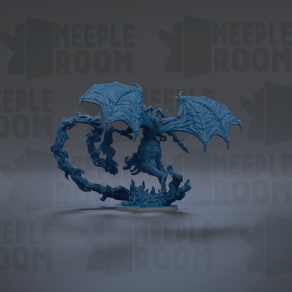 A blue dragon figurine with wings spread, standing on a gray surface against a dark background with repeated text.