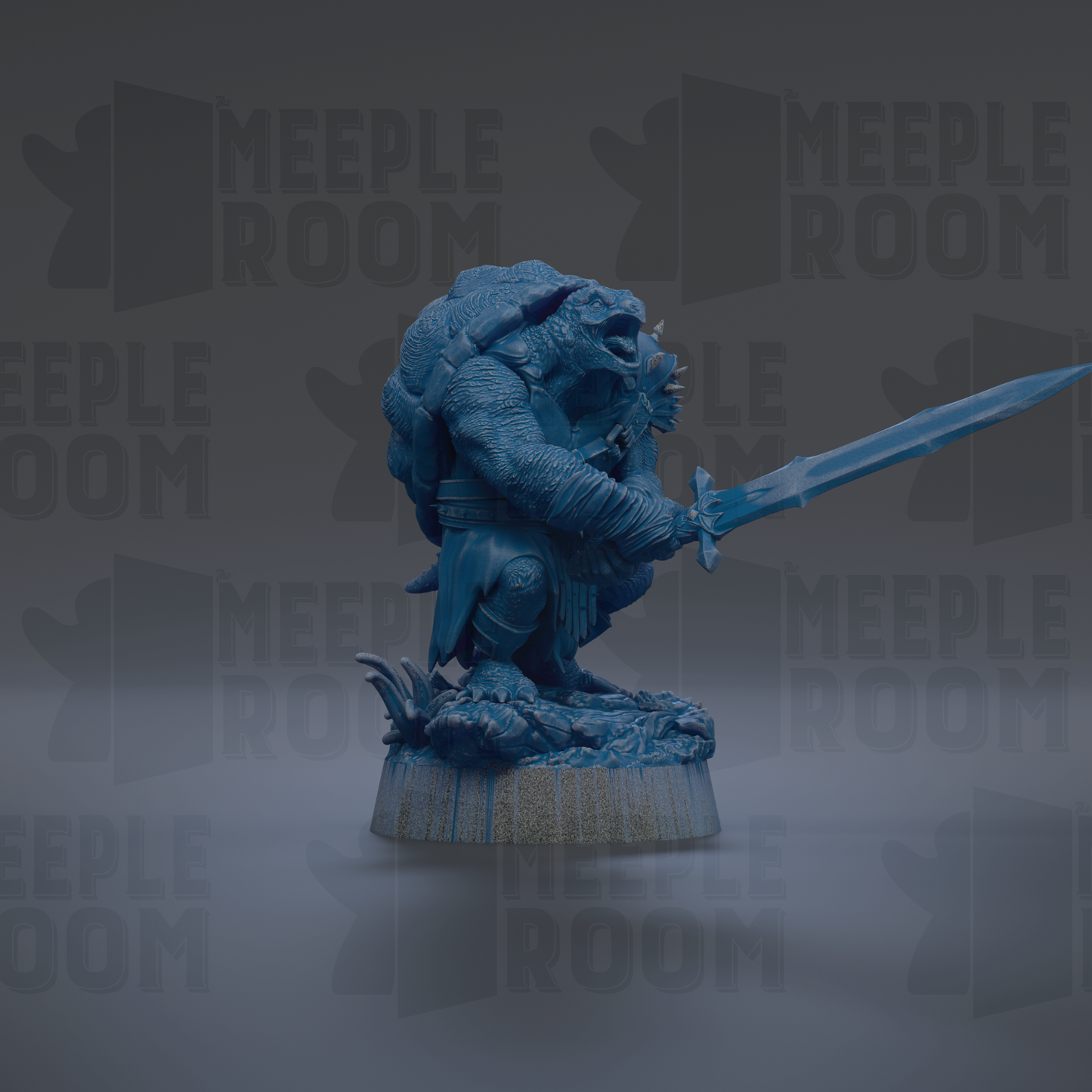 A blue figurine of a dragon-like creature holding a sword, standing on a rock formation.