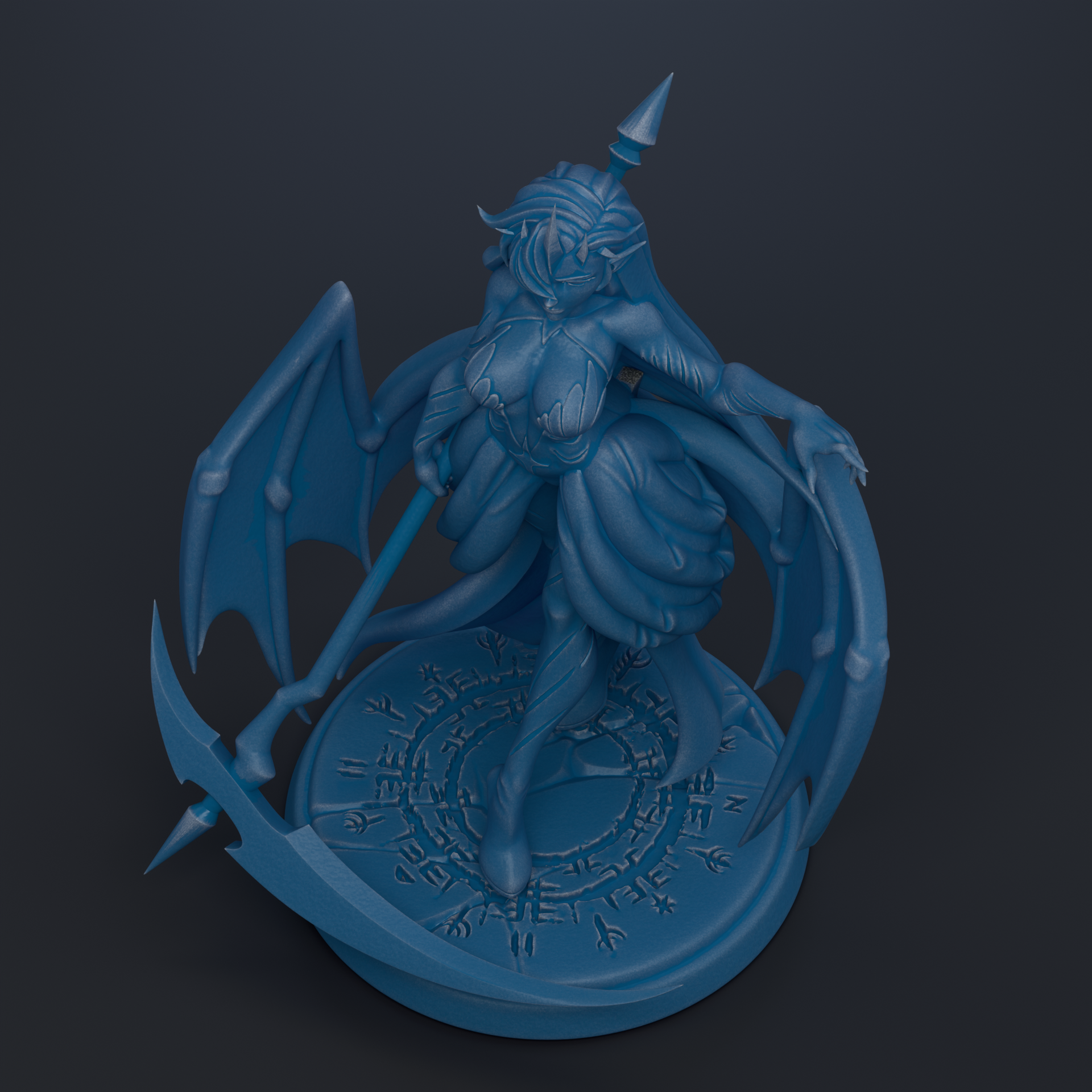 A 3D rendering of a female character with wings, holding a weapon, and standing on a circular platform with a symbol or emblem.