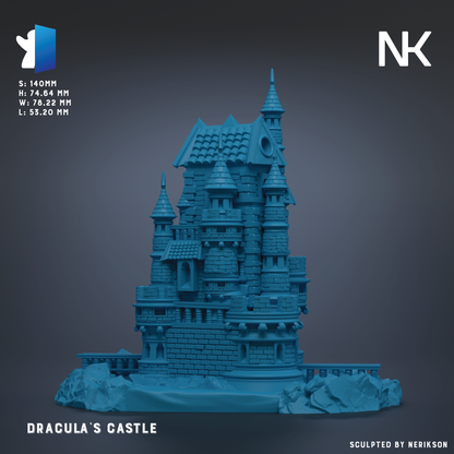 The image is a 3D rendering of a castle-like structure, possibly a model or sculpture, with a dark blue color scheme. The castle appears to be made of stone or brick, and it has multiple towers and turrets. The image is labeled "Dracula's Castle" and is described as a "collage of multiple images" and "sculpted by Nerkson".