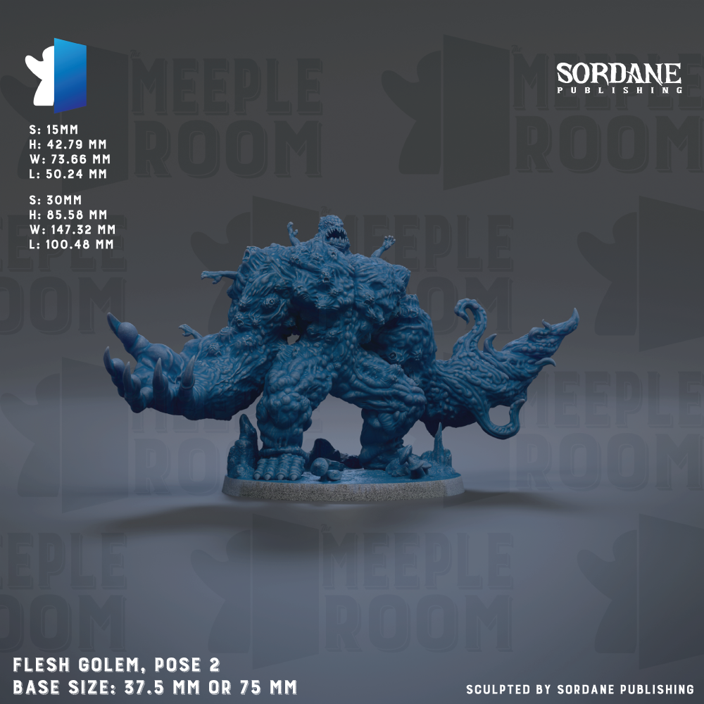 The image is a promotional poster for a game called "Flesh Golem, Pose 2". It features a large, detailed blue figurine of a creature with a fierce expression, standing on a base that is either 37.75 mm or 75 mm in size. The poster includes text providing information about the base size and the game's title.