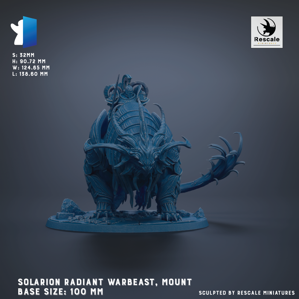 The image is a detailed model of a Solarion Radiant Warbeast, a type of fantasy creature, with a mounted figure on its back. The base size of the model is 100 millimeters. The image is a sculpture, and it is created by Rescale miniatures.