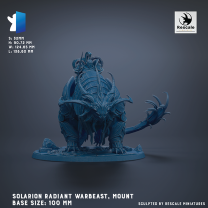 The image is a detailed model of a Solarion Radiant Warbeast, a type of fantasy creature, with a mounted figure on its back. The base size of the model is 100 millimeters. The image is a sculpture, and it is created by Rescale miniatures.