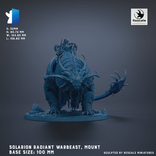 The image is a detailed model of a Solarion Radiant Warbeast, a type of fantasy creature, with a mounted figure on its back. The base size of the model is 100 millimeters. The image is a sculpture, and it is created by Rescale miniatures.