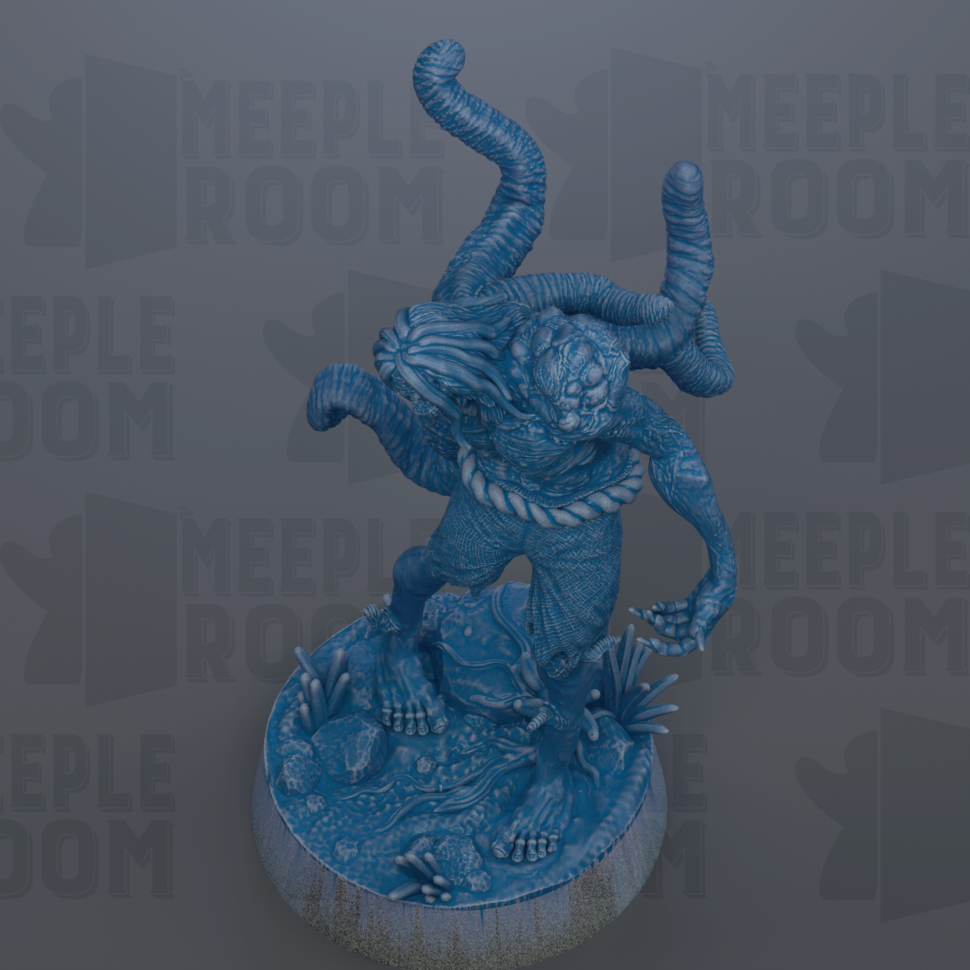 A blue, abstract sculpture with a twisted, coiled body and a large head, standing on a circular base with various textures and patterns.