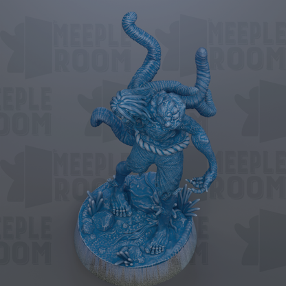 A blue, abstract sculpture with a twisted, coiled body and a large head, standing on a circular base with various textures and patterns.