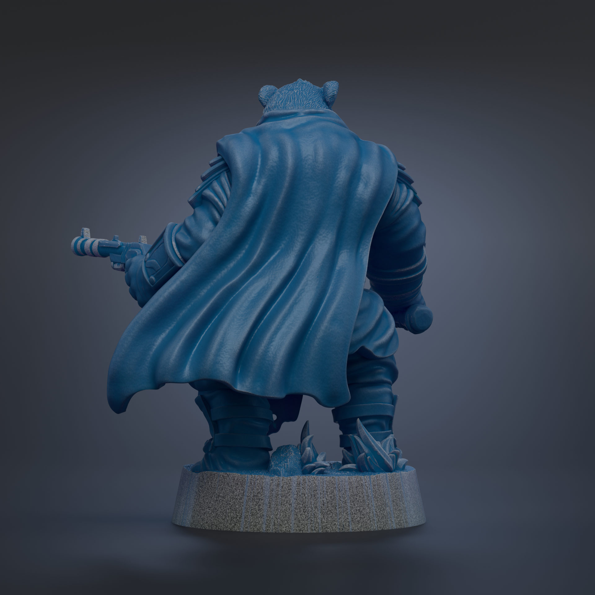 A 3D rendering of a blue-colored character with a cape, standing on a base and holding a weapon.