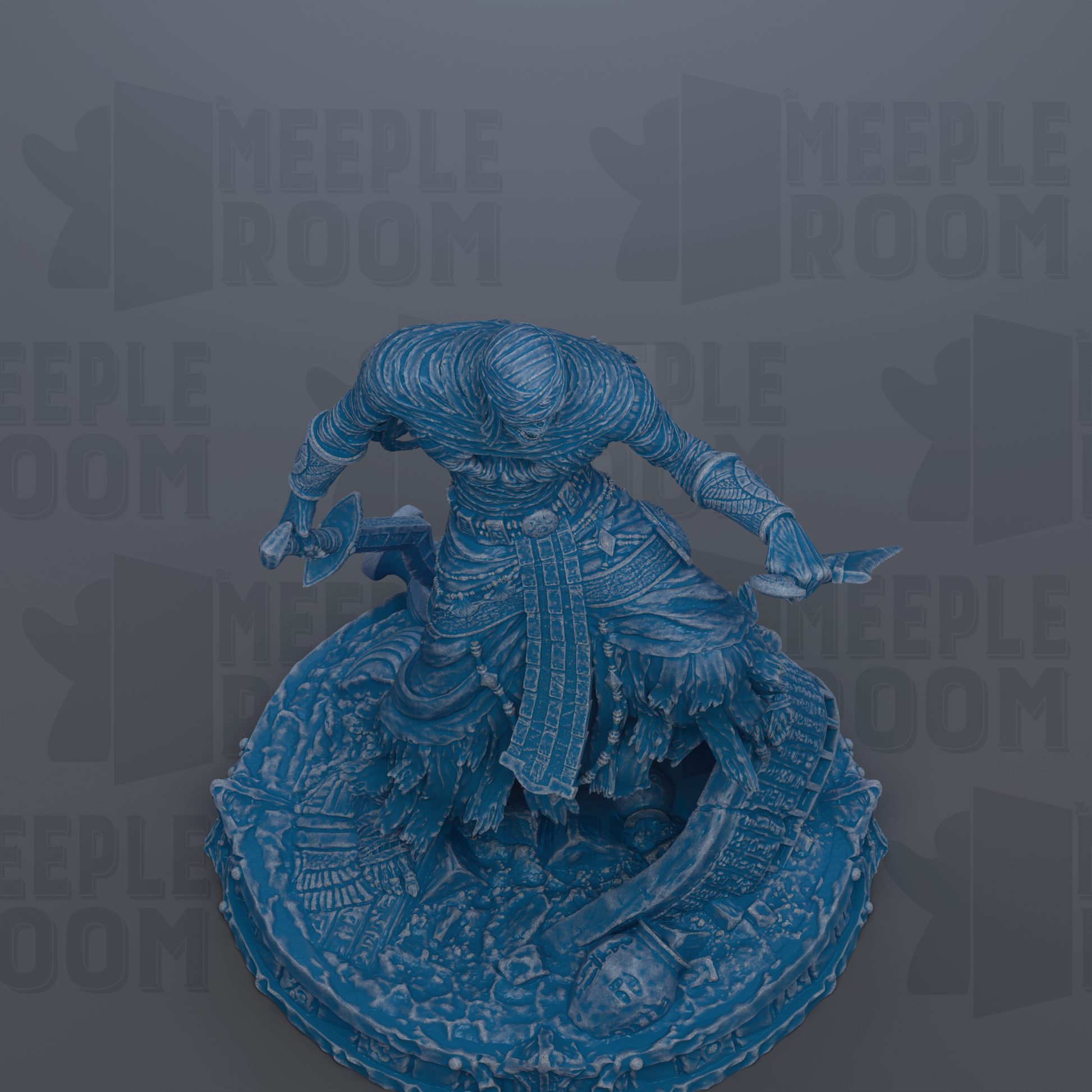 A blue, 3D-rendered statue of a warrior figure with a sword in hand, standing on a circular base.