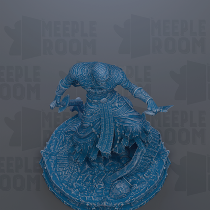 A blue, 3D-rendered statue of a warrior figure with a sword in hand, standing on a circular base.
