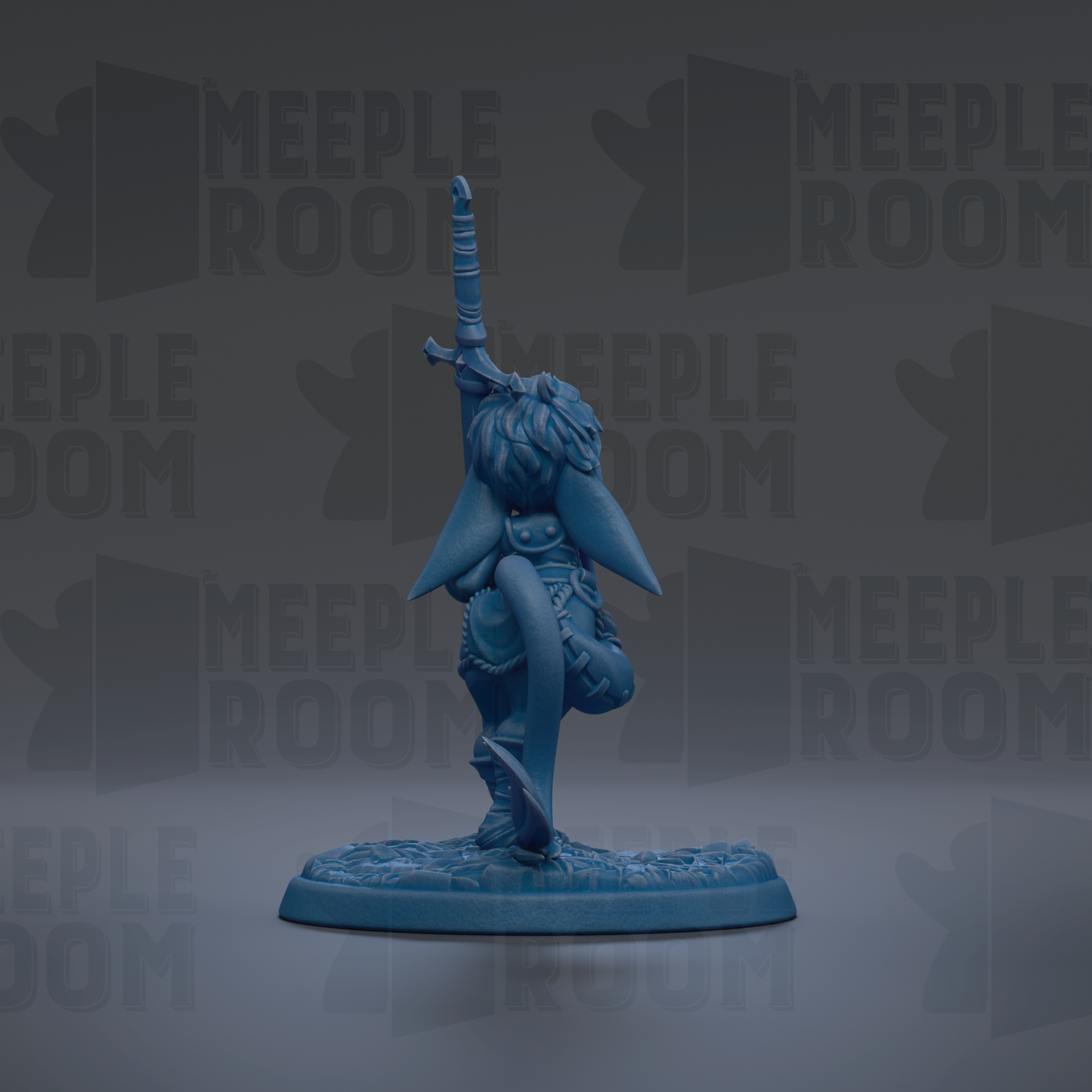 A blue figurine of a person standing on one leg, with a sword in their hand, against a dark background with repeated text.
