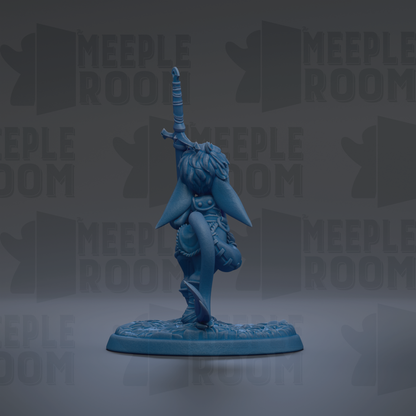 A blue figurine of a person standing on one leg, with a sword in their hand, against a dark background with repeated text.