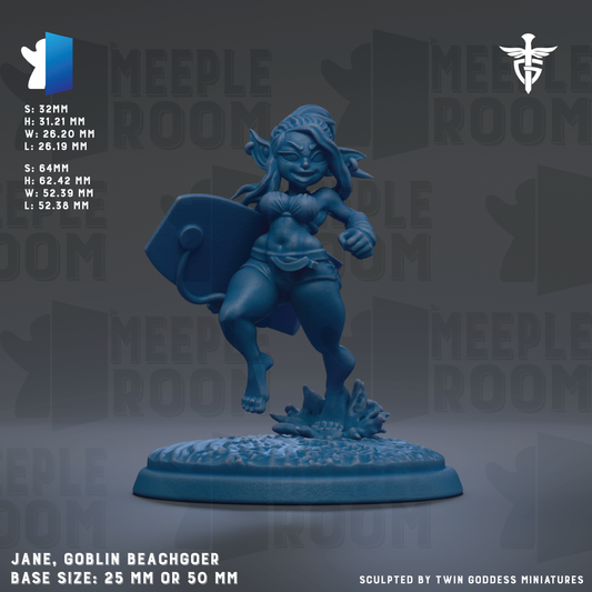 a figurine of a female character, specifically a Hobbit Beachgoer, with a surfboard. The figurine is described as a base size of 25mm or 50mm, and it is sculpted by Twin Goddess Miniatures.