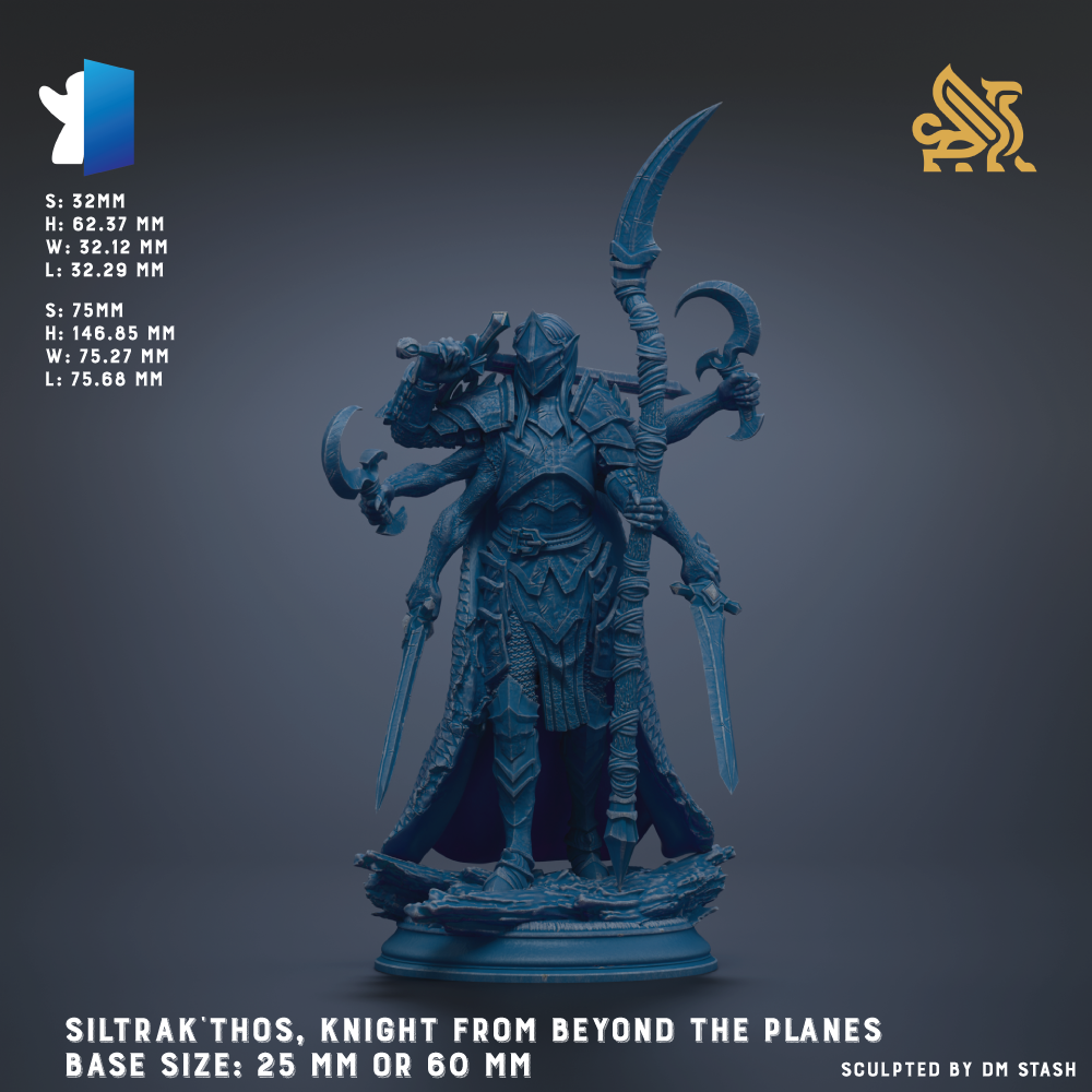 The image is a detailed statue of a knight from the video game SILTRACK THOS, depicting the Knight from Beyond the Planes. The statue is made of a dark blue material and is shown in a dynamic pose, holding a sword and shield. The base size of the statue is either 25 mm or 60 mm, depending on the perspective. The image is a collage of various images, and the phrase "Sculpted by DM Stash" is provided, indicating that the image was created by the game's designer.