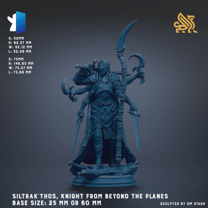The image is a detailed statue of a knight from the video game SILTRACK THOS, depicting the Knight from Beyond the Planes. The statue is made of a dark blue material and is shown in a dynamic pose, holding a sword and shield. The base size of the statue is either 25 mm or 60 mm, depending on the perspective. The image is a collage of various images, and the phrase "Sculpted by DM Stash" is provided, indicating that the image was created by the game's designer.