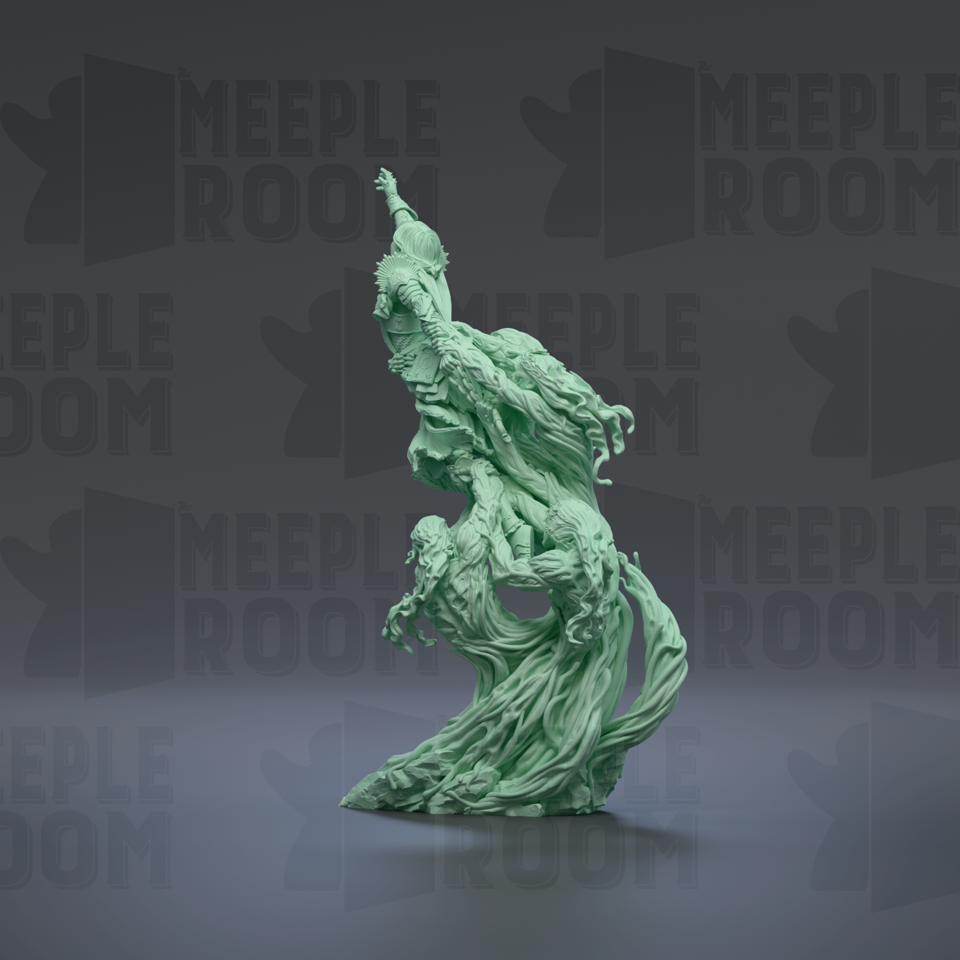 A green, abstract sculpture with flowing, organic shapes and lines, set against a dark background with repeated text.