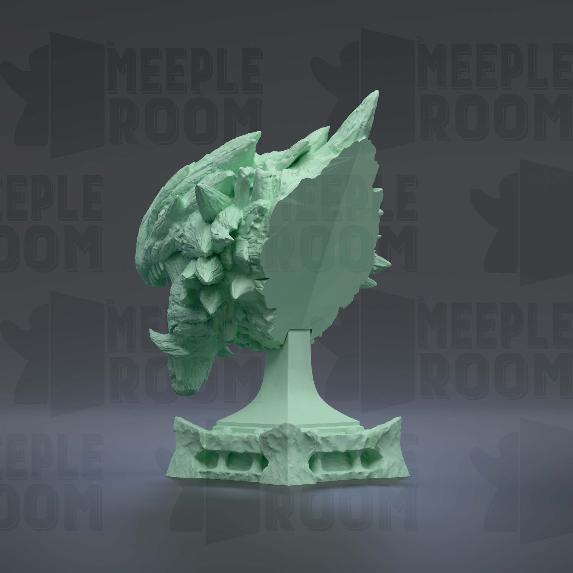 A green, 3D-rendered dragon head sculpture is displayed against a dark background with repeated text.