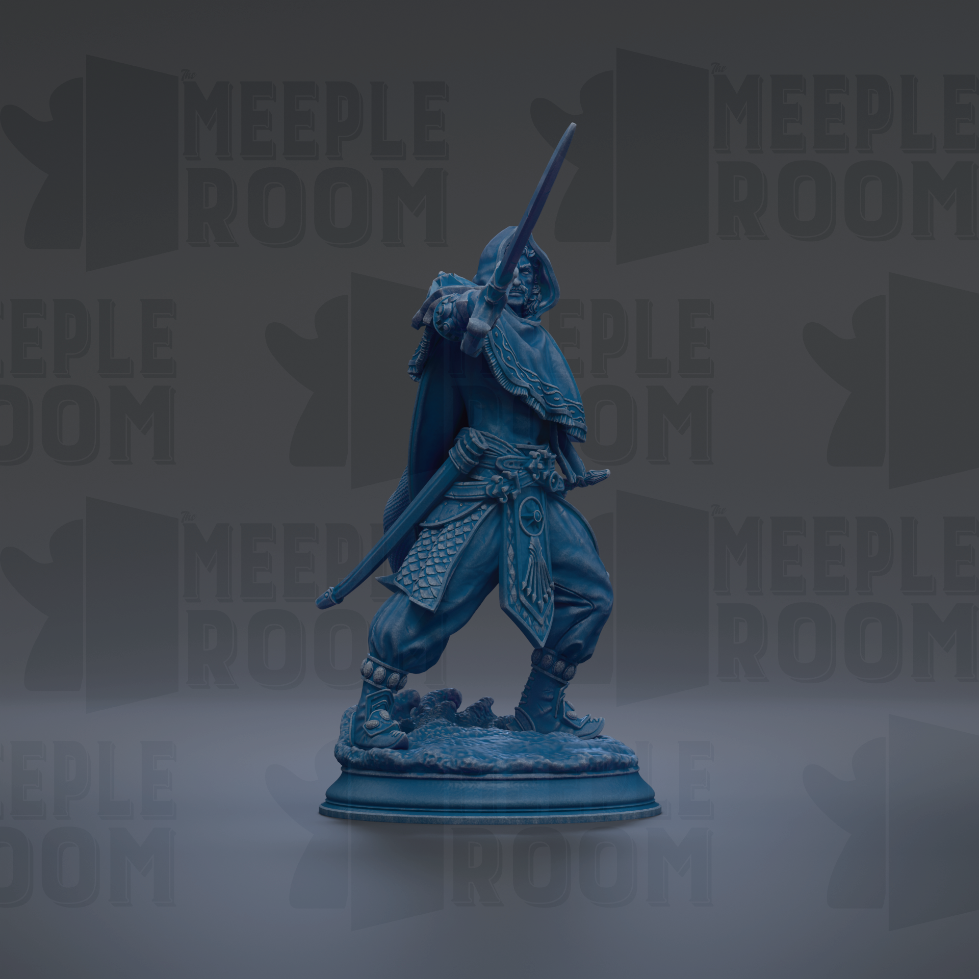 A blue statue of a warrior figure holding a sword and shield, standing on a pedestal against a dark background with repeated "MEIPLE ROOM" text.