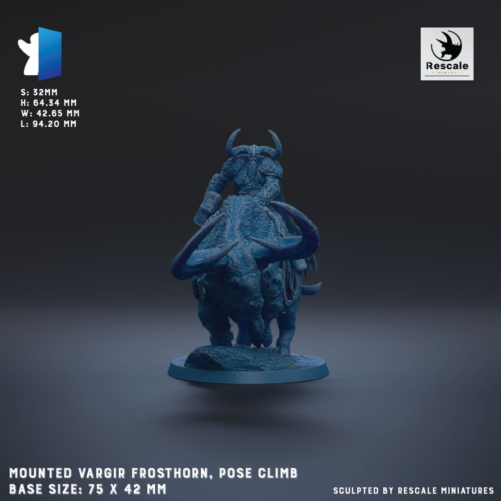 The image is a 3D rendering of a mounted Vargir Frosthorn, a pose climber, with a base size of 7.5 x 42 mm.