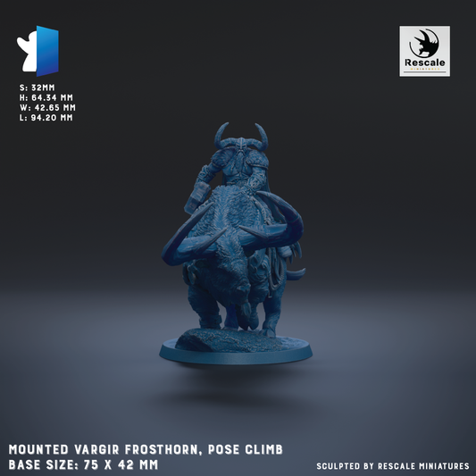 The image is a 3D rendering of a mounted Vargir Frosthorn, a pose climber, with a base size of 7.5 x 42 mm.
