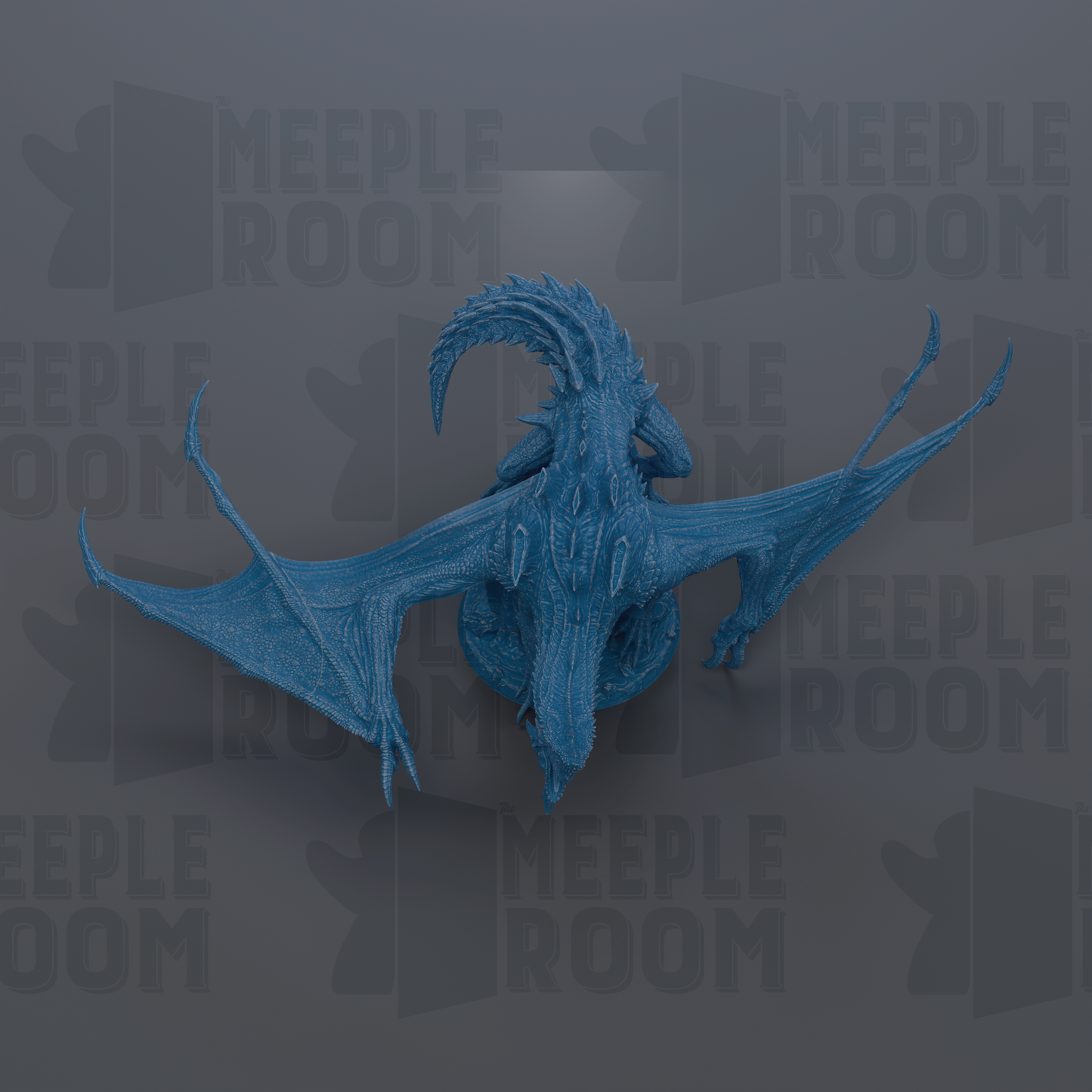 A blue dragon-like creature with wings and sharp teeth is prominently featured against a dark background with repeated text.