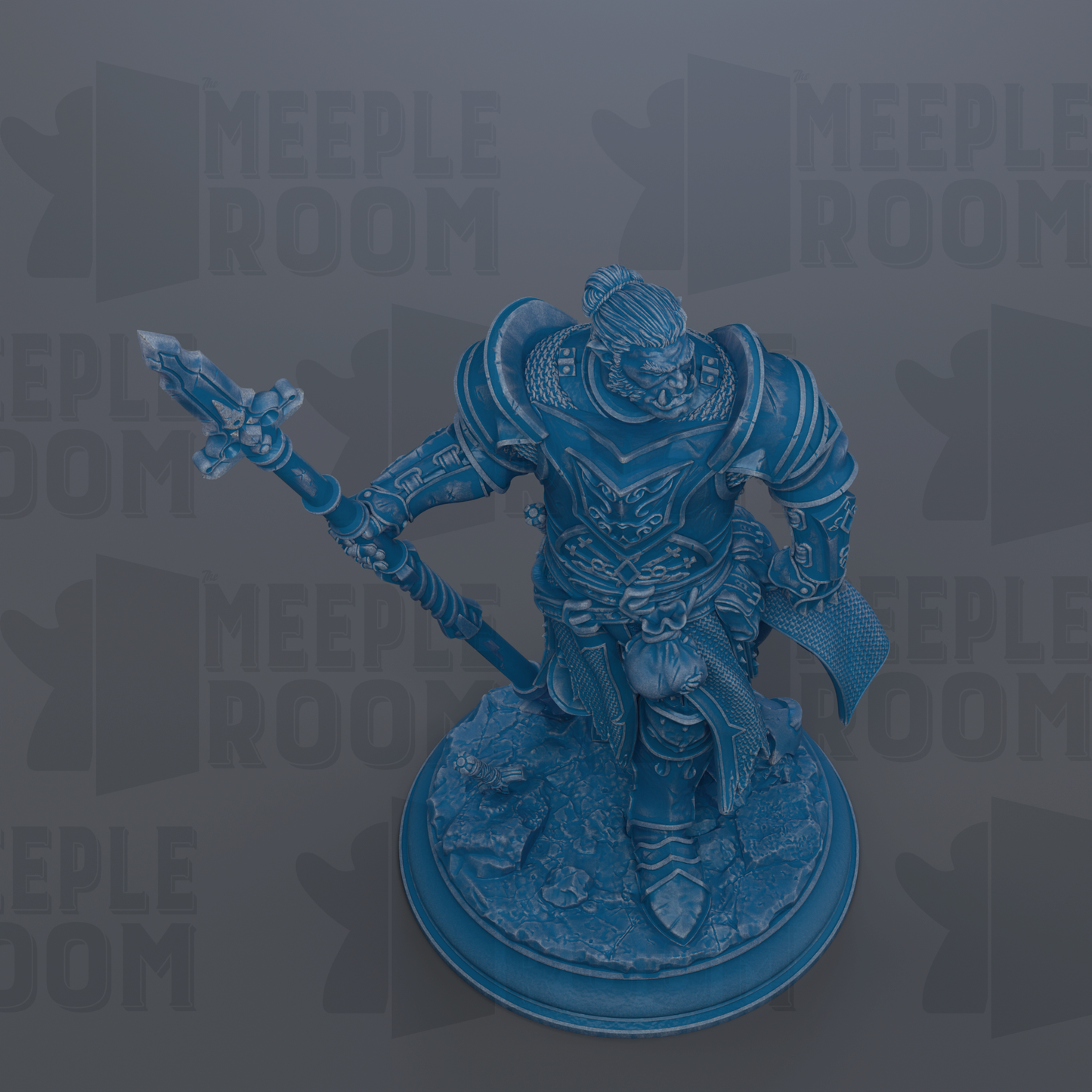 A blue figurine of a warrior standing on a pedestal, holding a weapon and wearing armor.