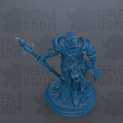 A blue figurine of a warrior standing on a pedestal, holding a weapon and wearing armor.