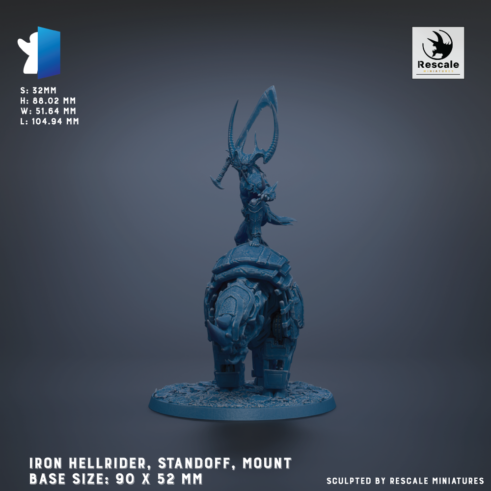 a figurine of an Iron Hellrider, a character from the video game series The Legend of Zelda: Twilight Princess. The figurine is mounted on a mechanical creature, and it is described as a "Standoff Mount" with a base size of 90 x 52 mm. The figurine is sculpted by Rescale miniatures.